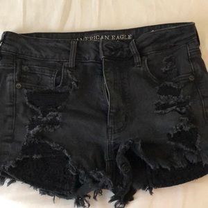 Distressed black denim shorts